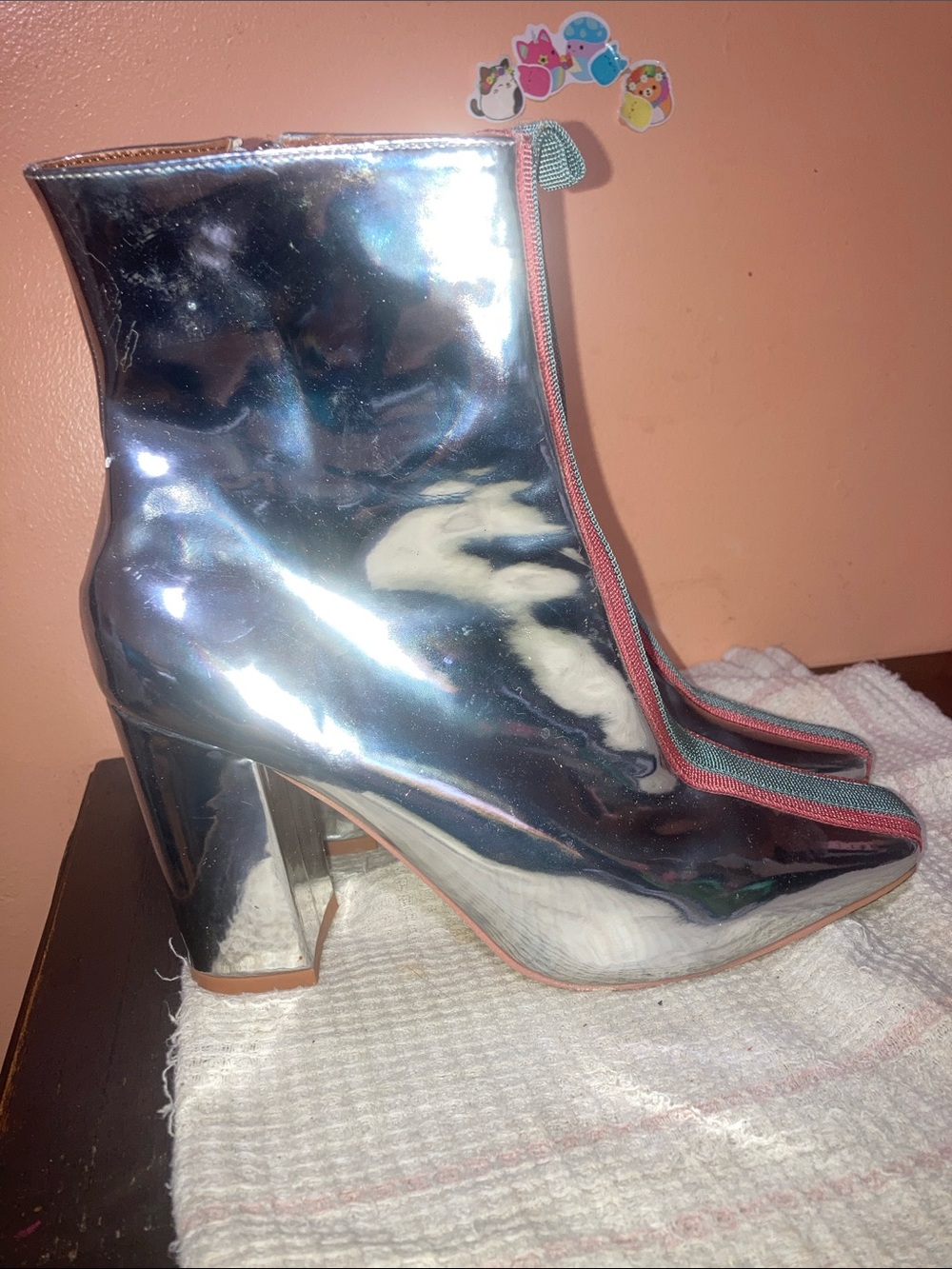 Cape Robbin Silver Mirror Ankle Boots with Pink Trim